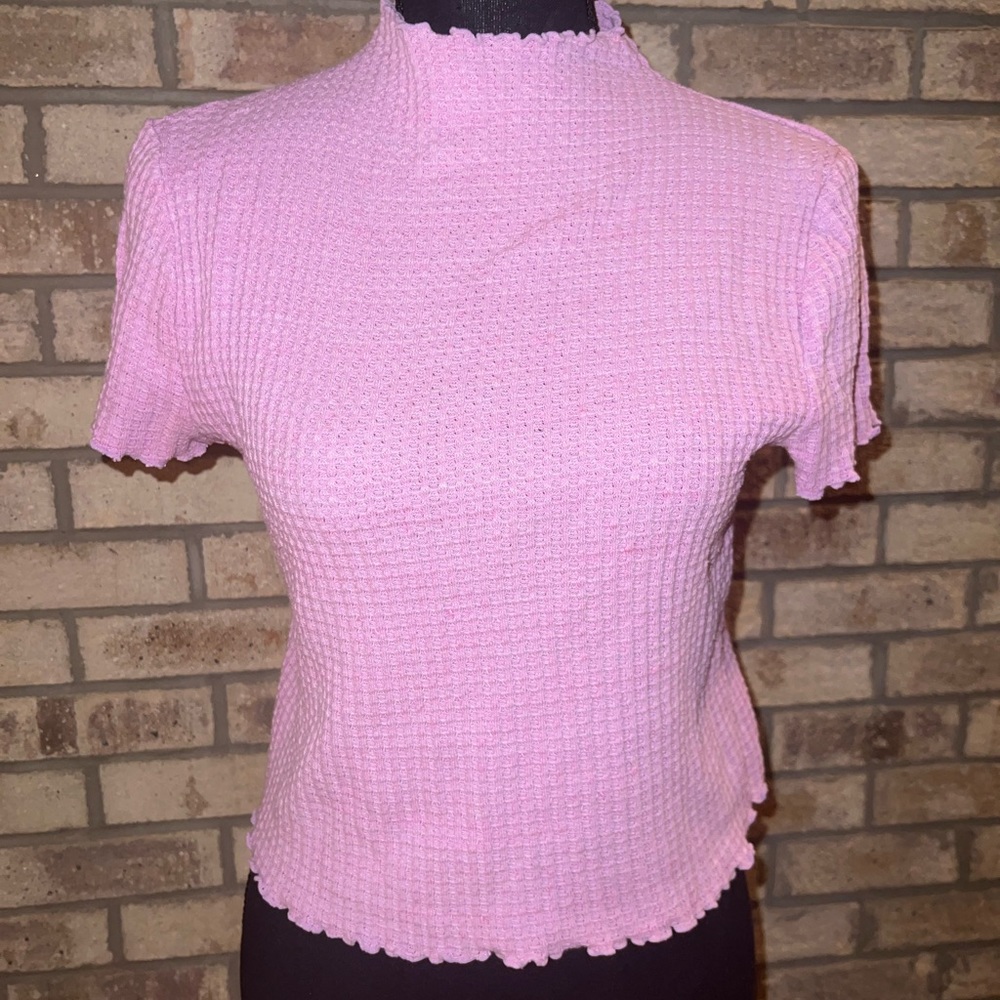 Pink mockneck waffle-knit tee